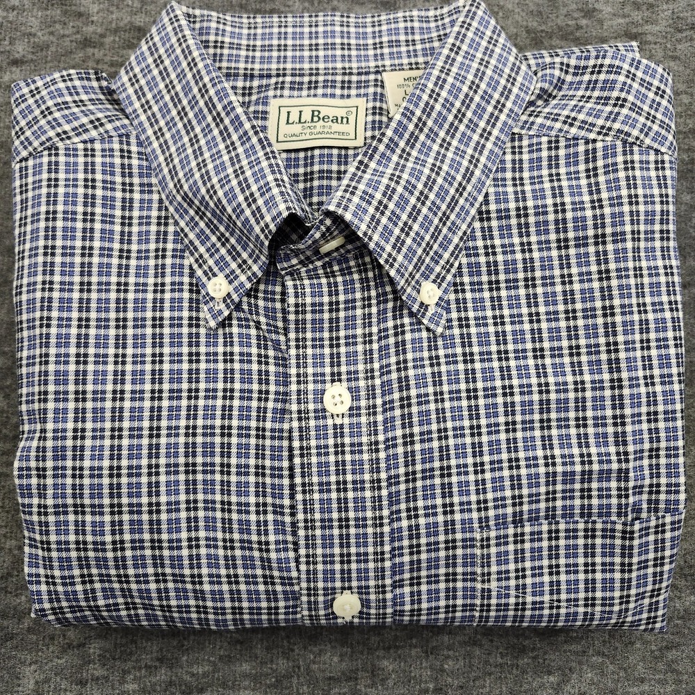 LL Bean Shirt Mens Large L Blue Long Sleeve Gingham Check Button Down Casual